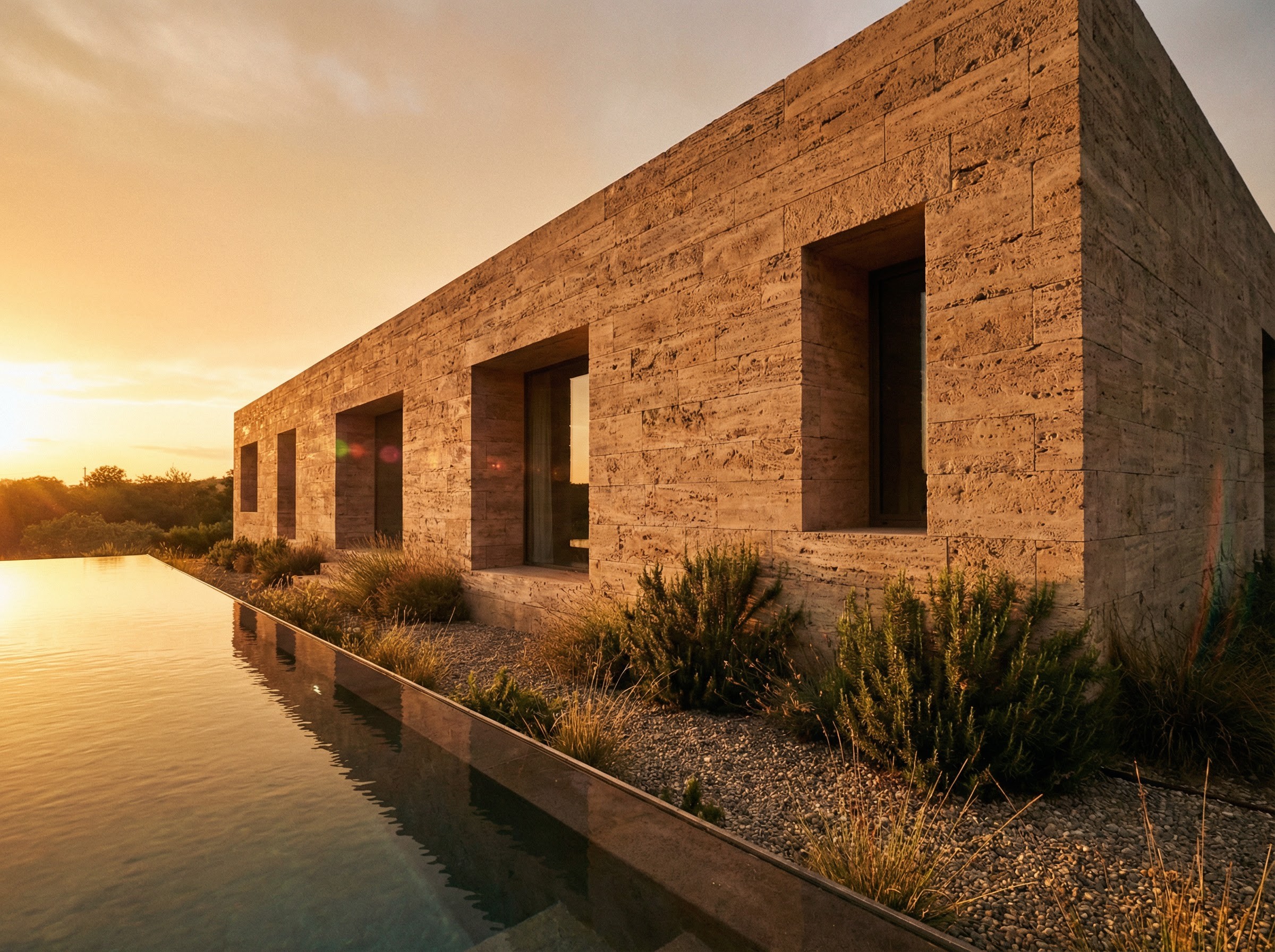 Modern stone house with infinity pool at sunset.