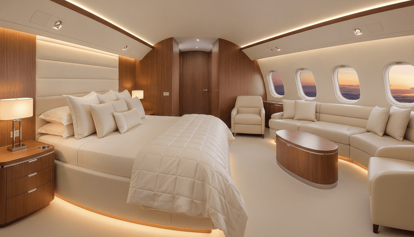 Premium ultra-long-range private jet cabin interior with a bedroom suite and lounge