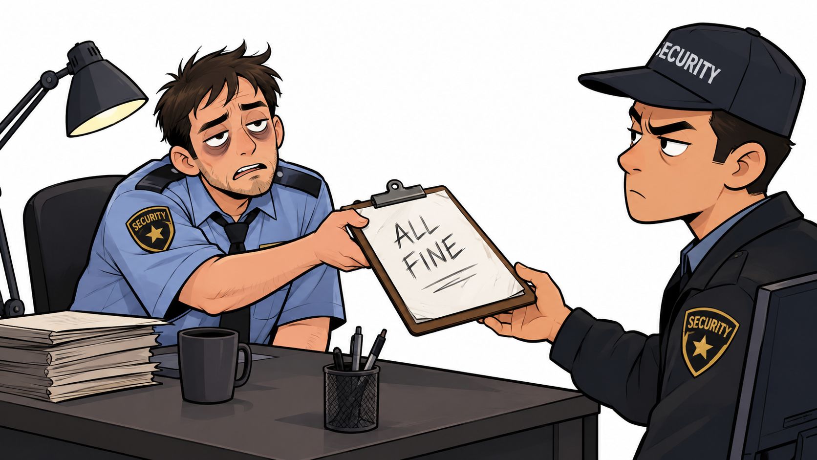 An exhausted security guard handing a clipboard marked all fine to a serious fellow guard at work.