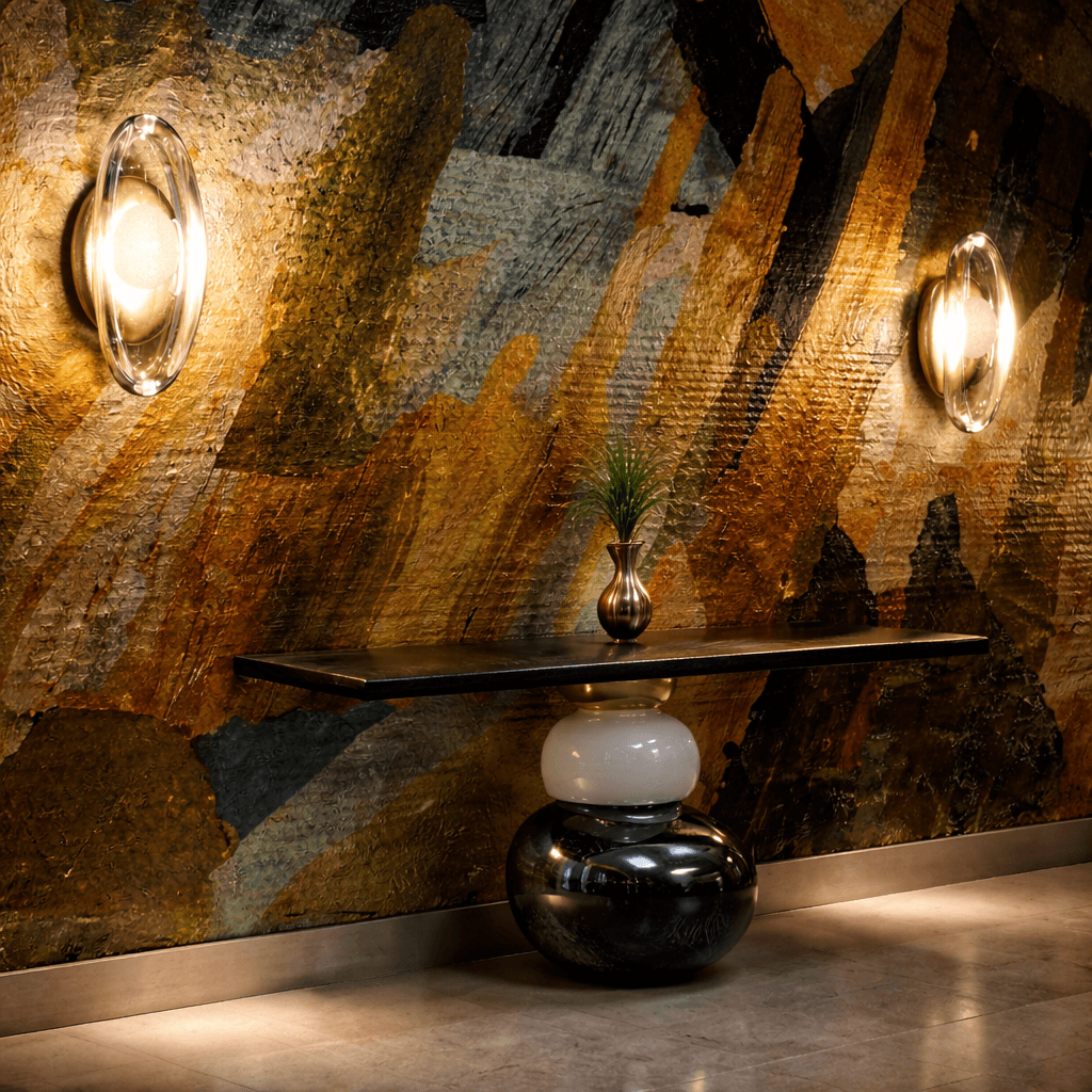 Luxury modern interior design featuring abstract textured wall art, glass wall sconces, and a marble base console table, creating an elegant high-end hotel lobby ambiance.