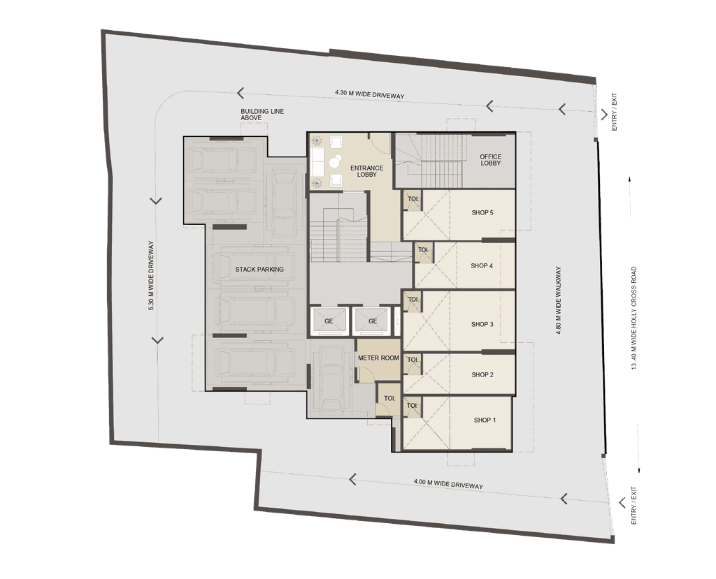 Ground floor layout plan with entrance lobby, parking areas, and landscape zones