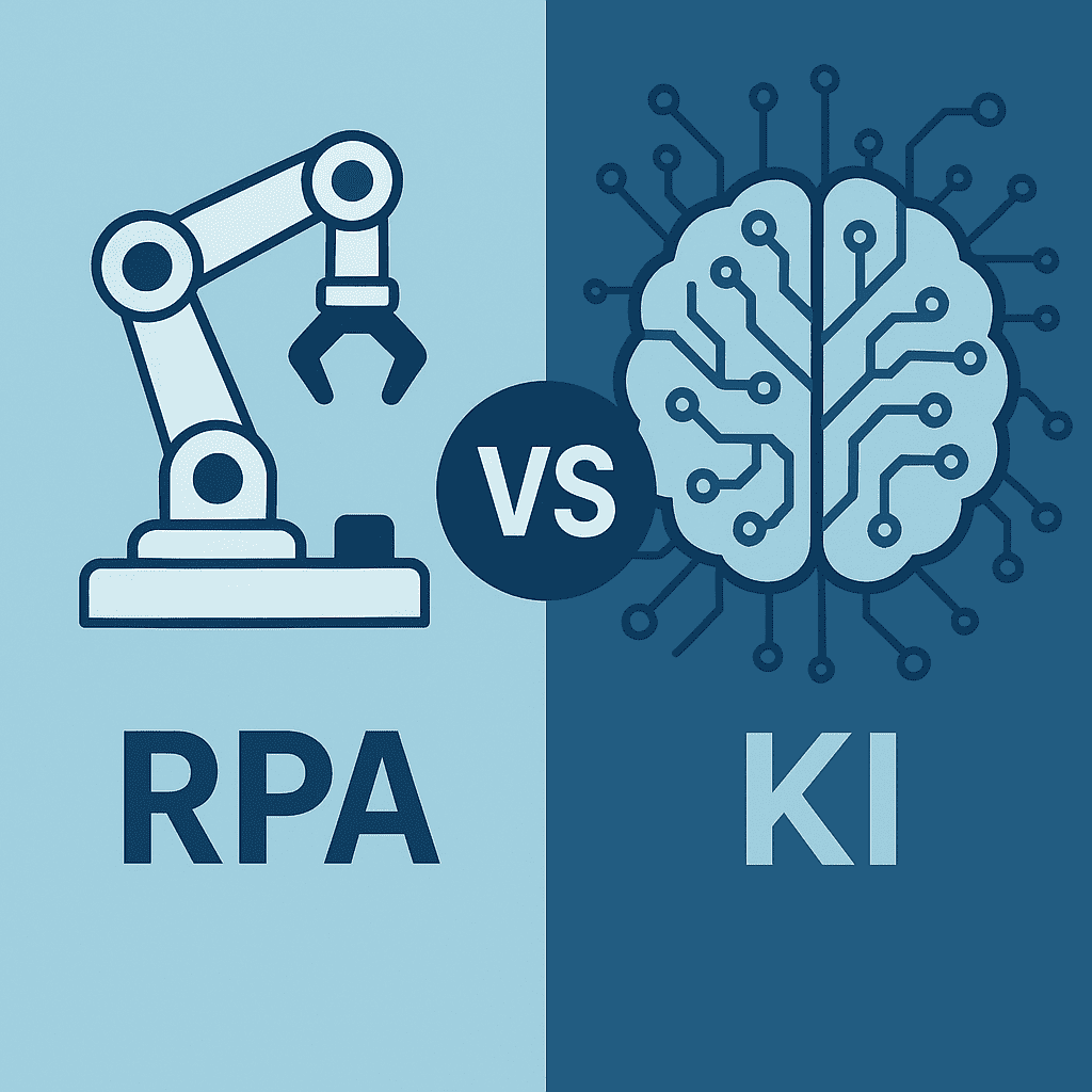 Grafische Gegenüberstellung von RPA und KI mit Roboterarm und KI-Gehirn in einer geteilten Blau-Darstellung – symbolisiert den Technologievergleich in der Lohnbuchhaltung.