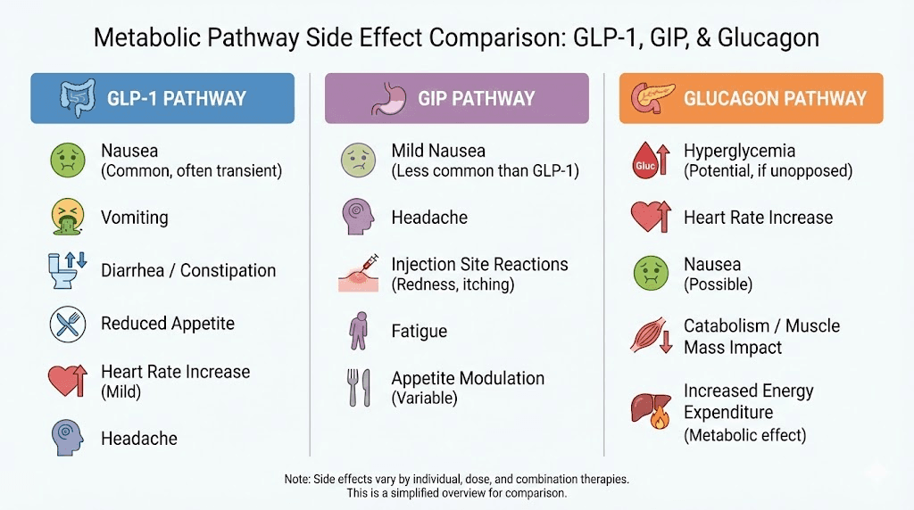 Retatrutide triple receptor side effects by pathway comparison