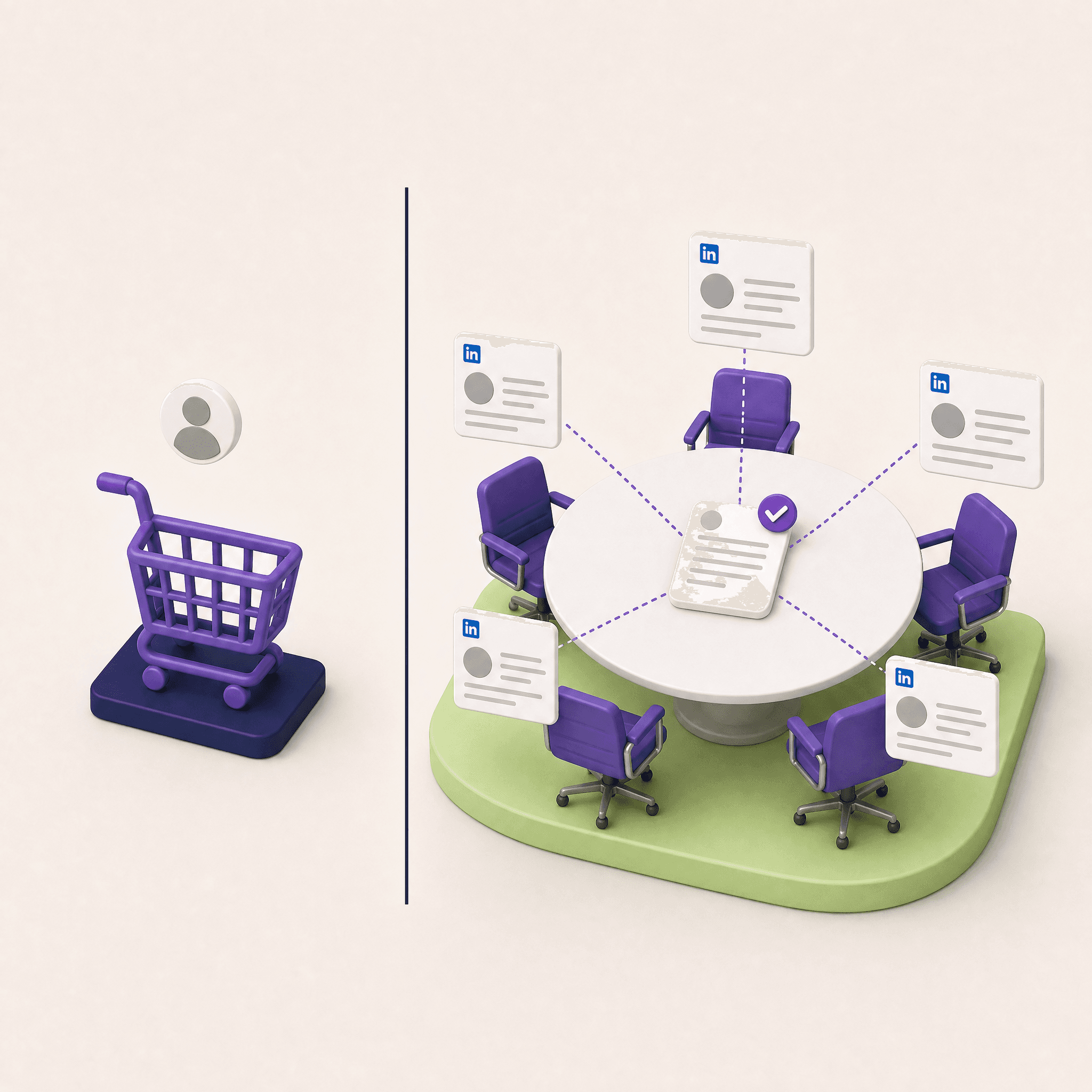 On the left a single purple shopping cart with one decision maker, on the right a meeting table with five chairs and five LinkedIn profile cards connected to one deal document in the middle