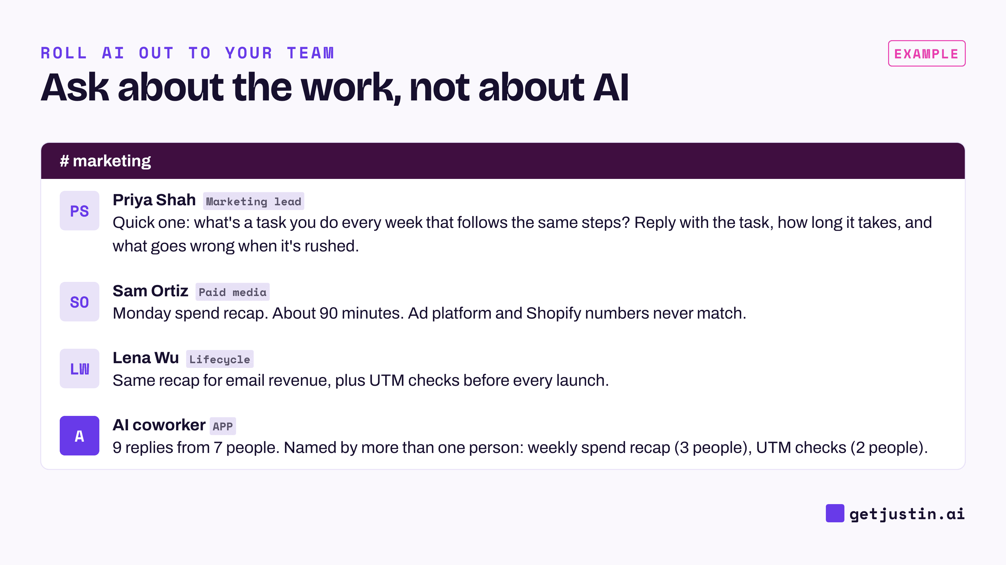 Example thread: a lead asks which task people repeat weekly, teammates reply, and the AI coworker tallies the answers.
