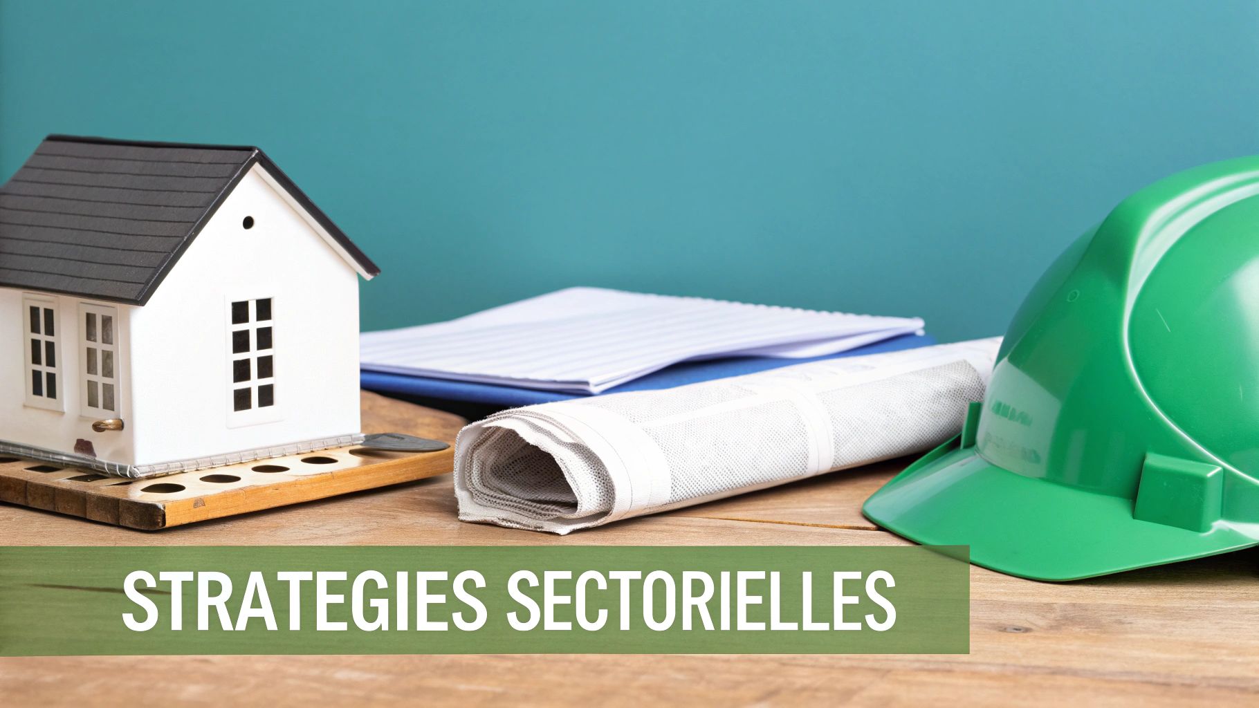 Miniature maison, plan d'architecte roulé, documents et casque de chantier vert sur un bureau en bois.