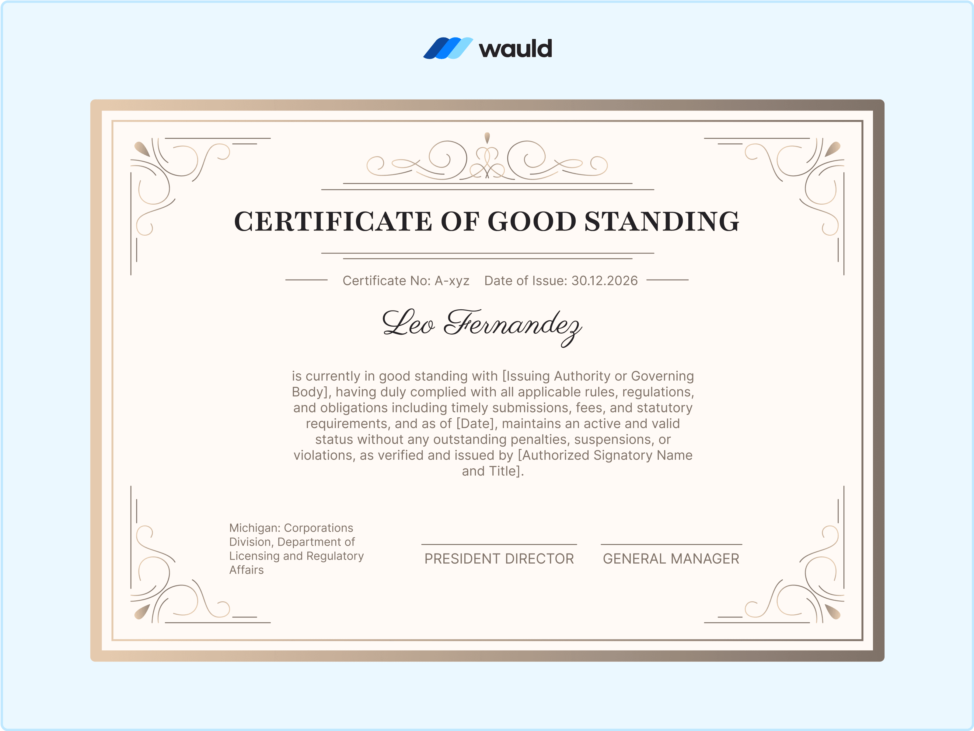 Wauld - Beige-themed certificate of good standing&nbsp;