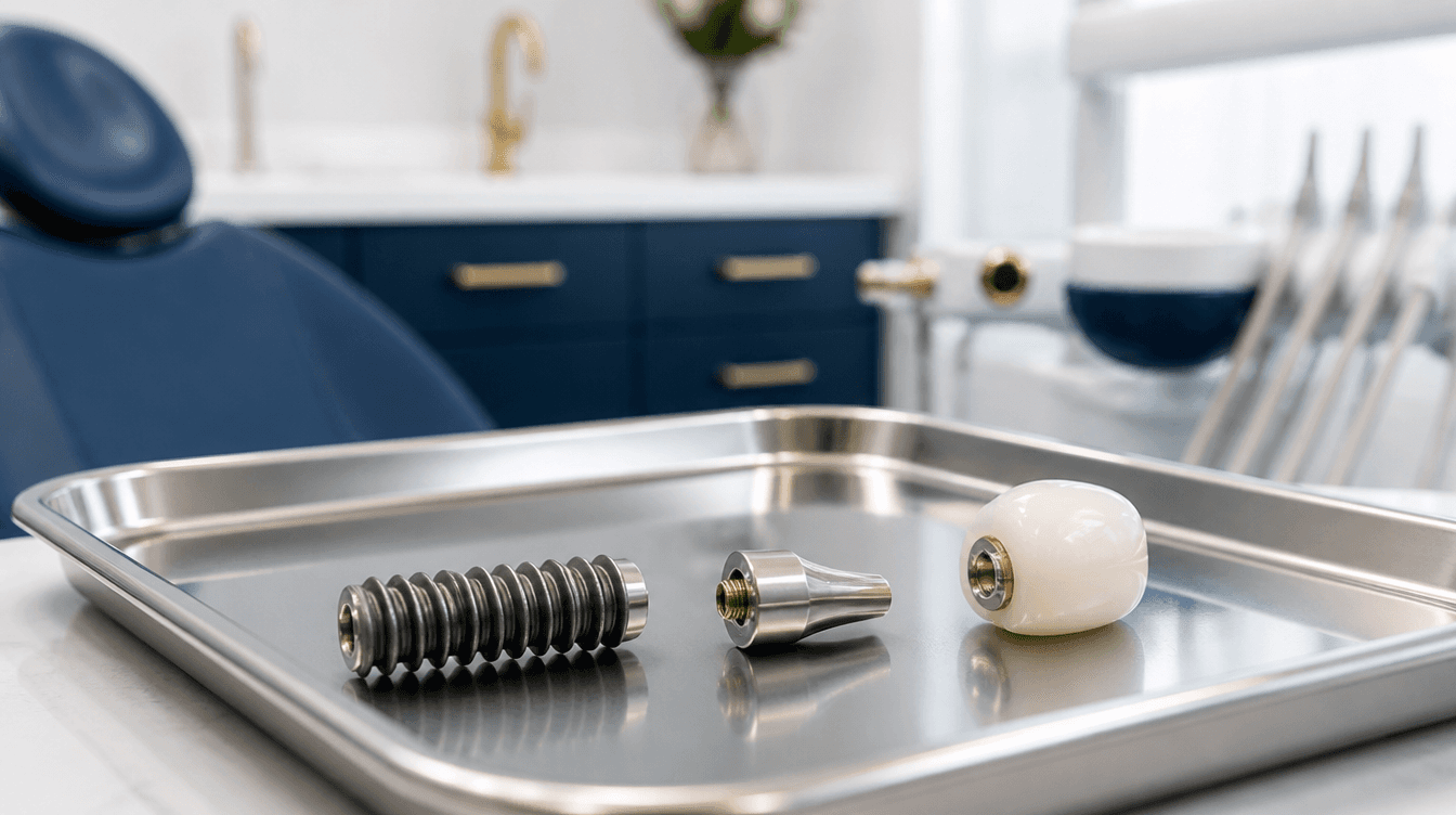 Dental implant fixture, abutment, and crown assembly on a clinical tray at a Smyrna dental practice