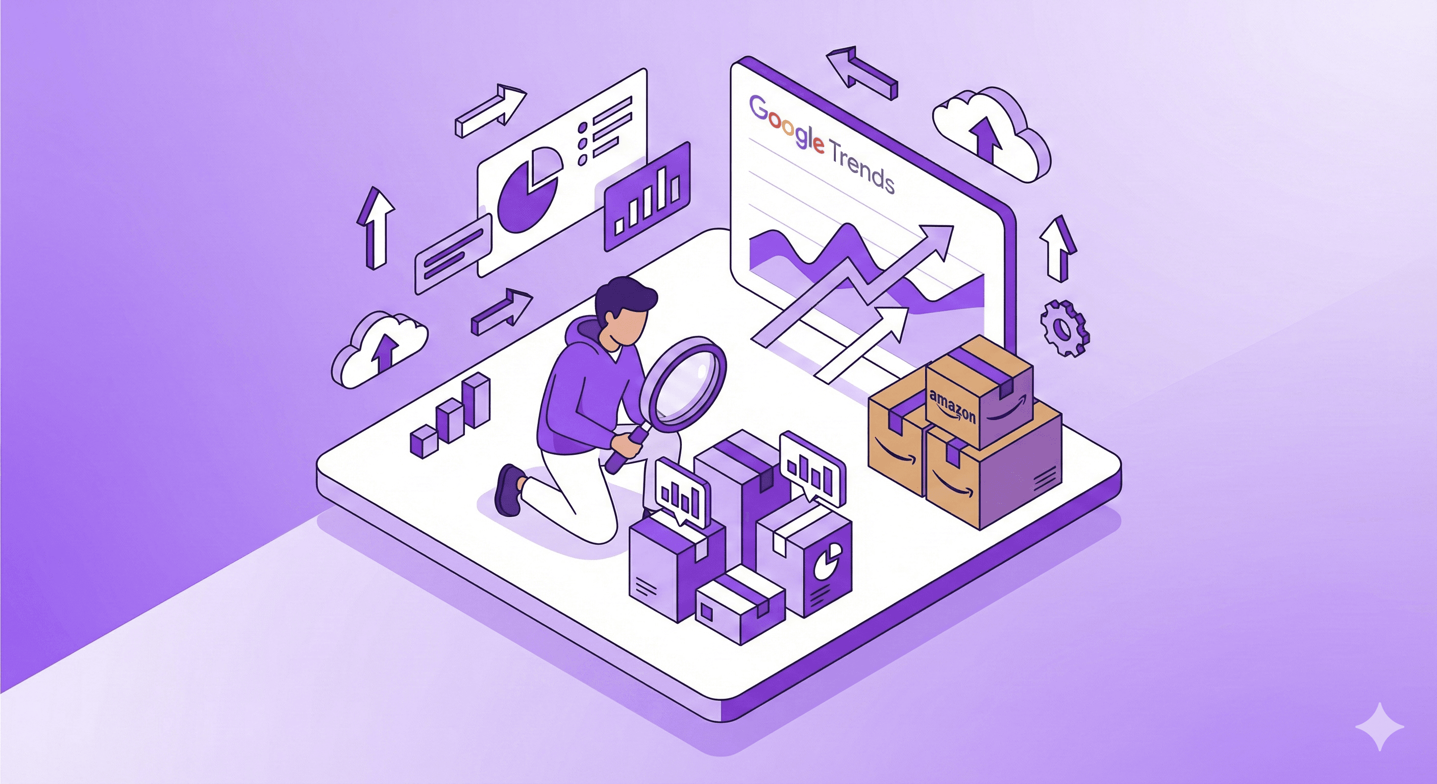 An isometric illustration showing a person examining product boxes through a large magnifying glass. In the background, a Google Trends line graph and Amazon-style shipping boxes are visible. Floating data visualization elements and a purple and white color scheme create a modern, analytical feel.