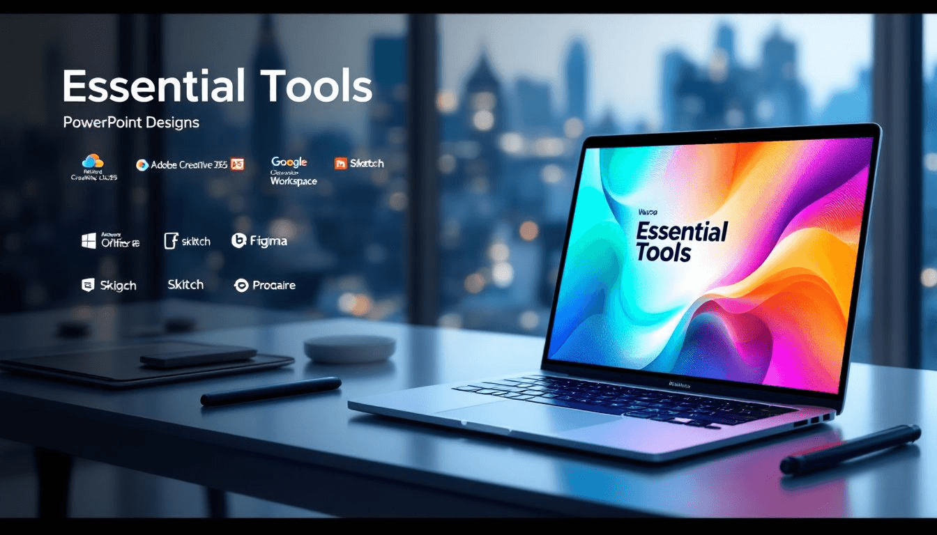Essential tools used for PowerPoint design, including software and graphics.
