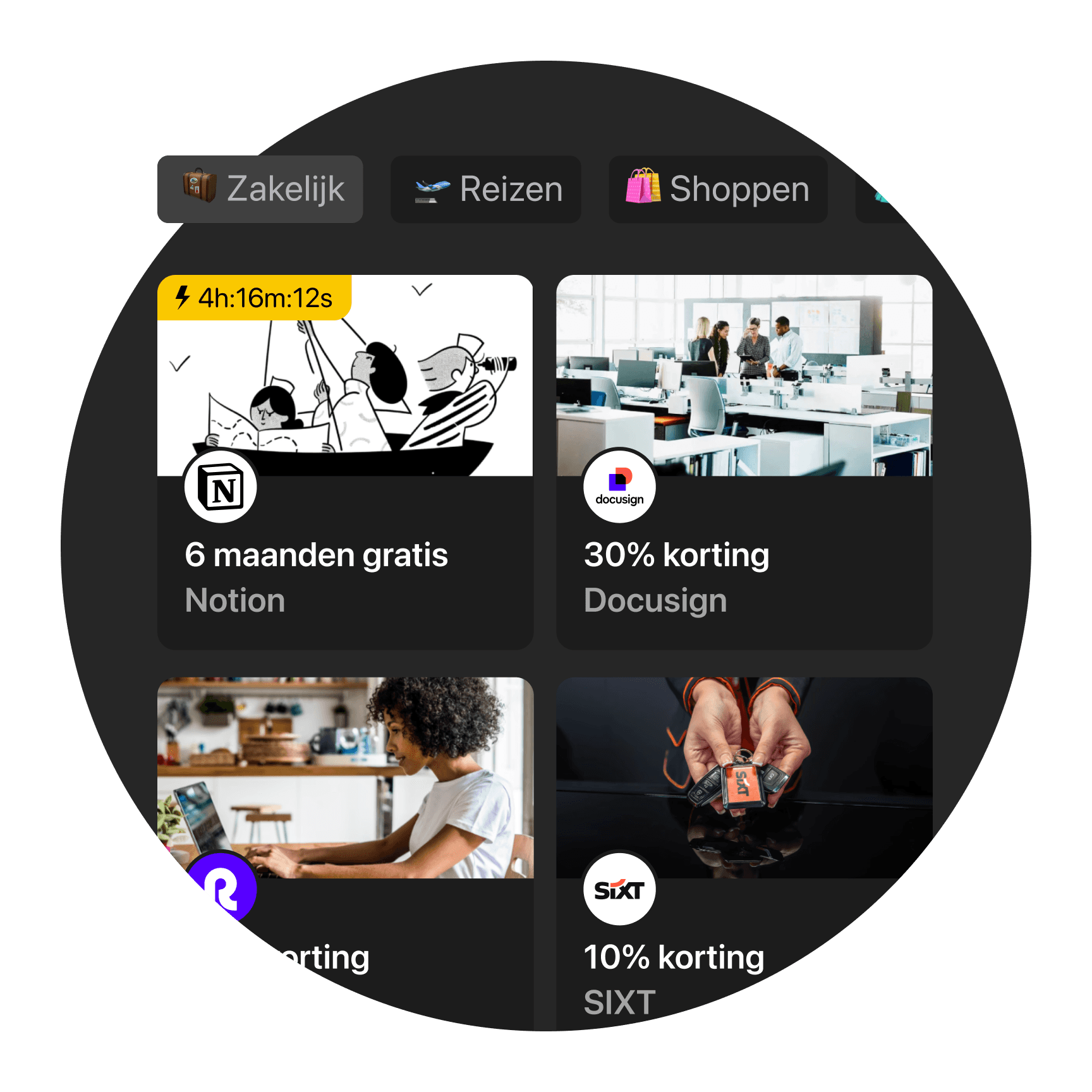 Een cirkelvormige interface met verschillende opties zoals "Reizen" en "Winkelen", met afbeeldingen en pictogrammen.