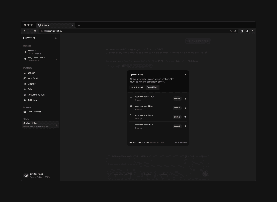 Desktop UI design of the PrivatAI landing page displayed on a MacBook Pro. Features a sophisticated "Hello, Stranger" welcome screen for a secure AI chat interface, emphasizing verifiable privacy and end-to-end encryption in a dark mode aesthetic.
