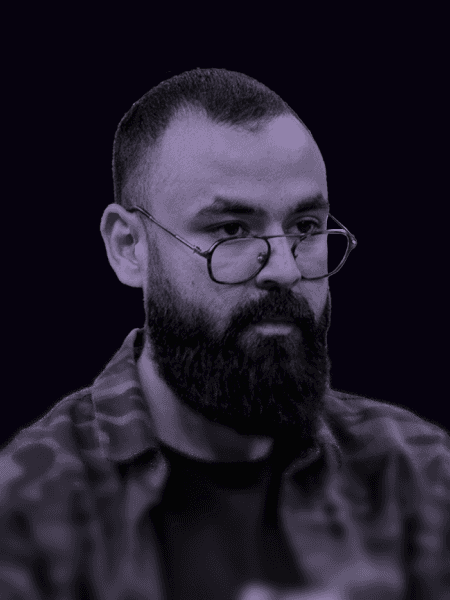 Professional portrait of person on a modern purple gradient background, business headshot for digital branding and team profile.