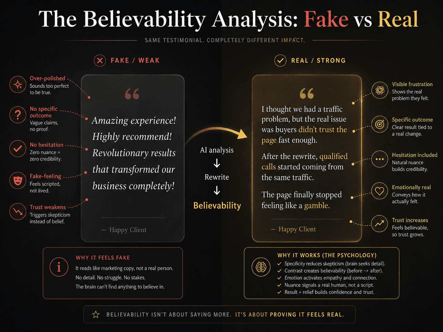 “The Believability Analysis: Fake vs Real” Concept: A split-screen comparison showing the same testimonial before and after AI analysis and rewrite.  Left side (Fake-Feeling — Red/Desaturated): A testimonial that sounds over-scripted: “Amazing experience! Highly recommend! Revolutionary results that transformed our business completely!” Diagnostic markers: “Over-polished,” “No specific outcome,” “No hesitation,” “Fake-feeling,” “Trust weakens.”  Right side (Believable — Gold/Glowing): The same testimonial rewritten with AI assistance: “I thought we had a traffic problem, but the real issue was buyers didn't trust the page fast enough. After the rewrite, qualified calls started coming from the same traffic. The page finally stopped feeling like a gamble.” Diagnostic markers: “Visible frustration,” “Specific outcome,” “Hesitation included,” “Emotionally real,” “Trust increases.”  A curved arrow points from left to right with the word: “AI analysis → Rewrite → Believability.”  Style: Dark charcoal background. Left side: desaturated red/grey, polished but fake. Right side: warm gold/amber, grounded, specific, credible.  Interaction: Hovering the left side reveals why it feels fake (over-polished, no specifics, no hesitation). Hovering the right side reveals the psychological principles behind why it works. A slider transitions from “Fake-Feeling” to “Believable.”