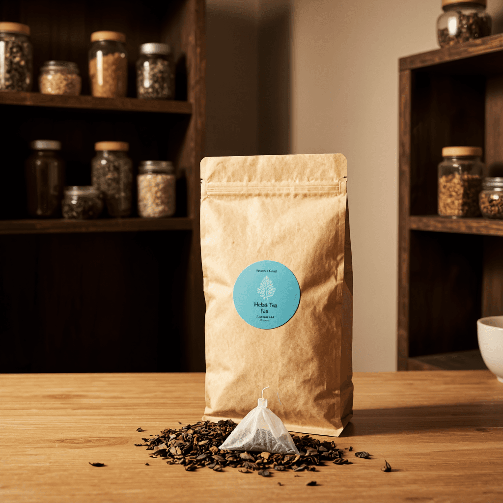 product photography of a bag of herbal tea with a tea bag