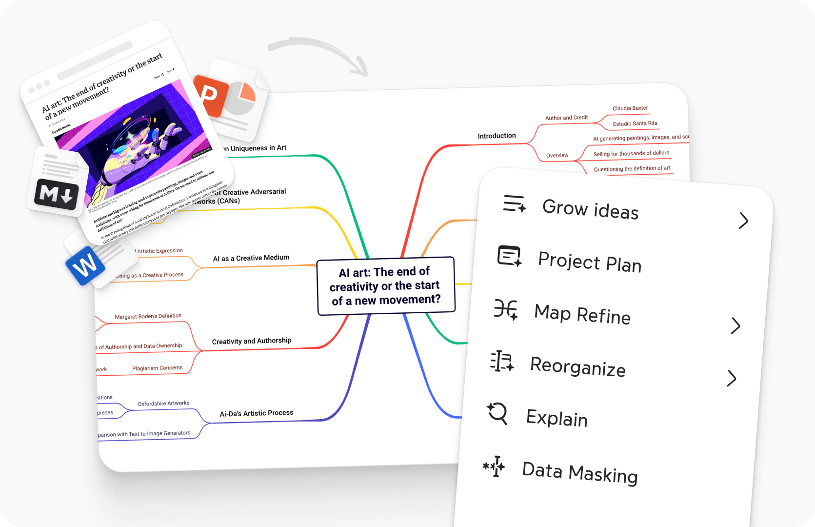Xmind AI features inside a mind map, showing idea generation and structure refinement capabilities not available in Visio.