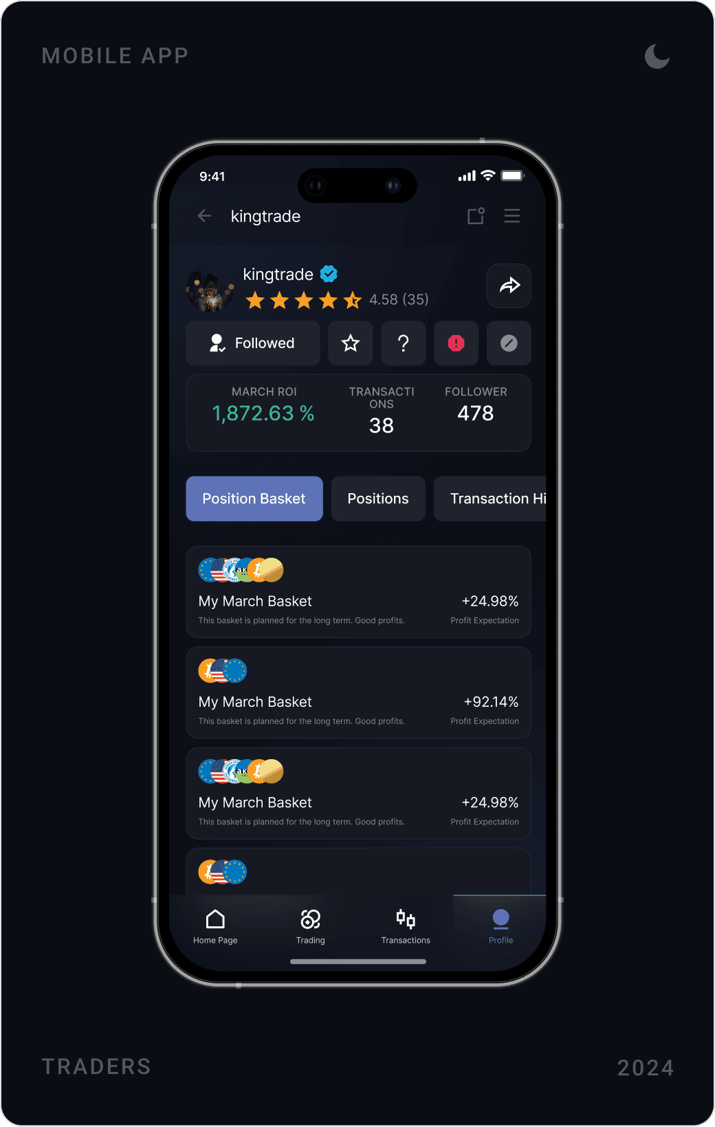 Modern Trader Profile Overview Screen Design