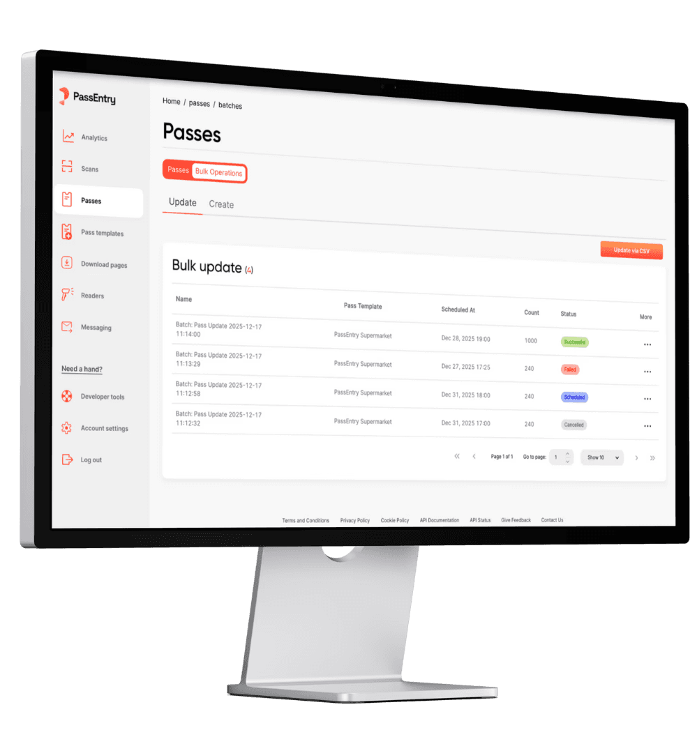 Bulk pass creation and batch updates dashboard in PassEntry