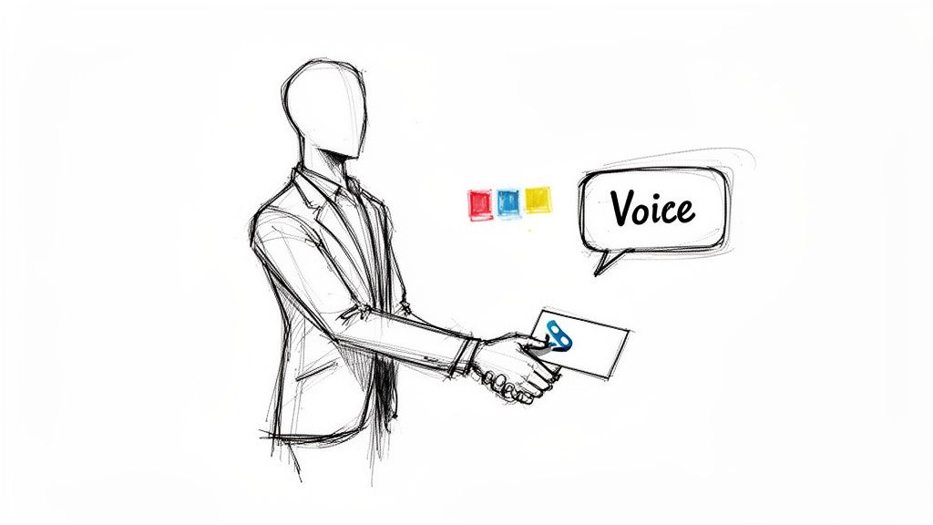 Hand-drawn illustration of a faceless person offering a card with a link symbol and a 'Voice' speech bubble.