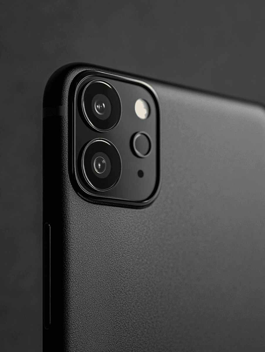 Close-up of a modern smartphone camera module with a sleek black finish and textured back.