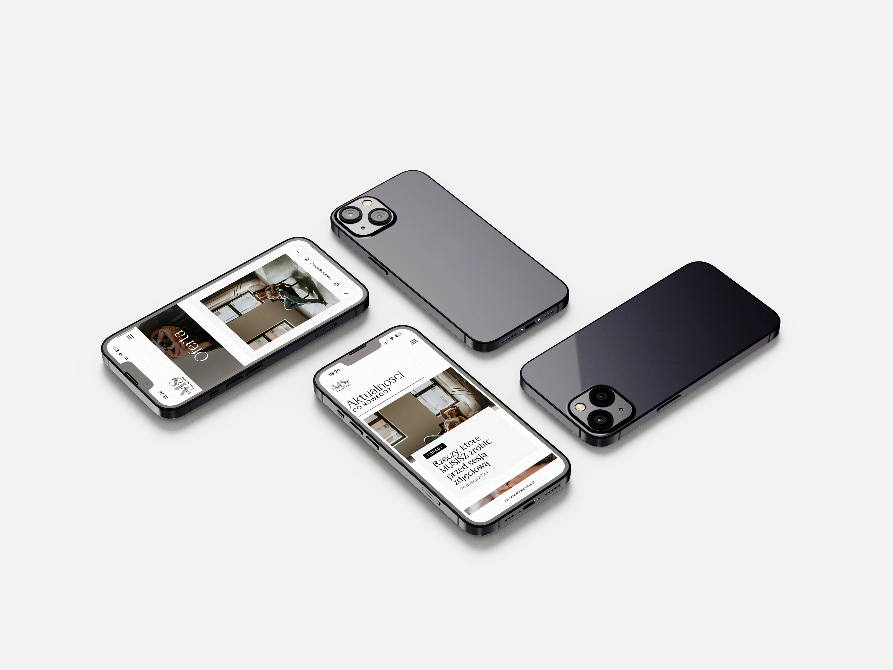 Strona internetowa Marta Spik Fotografika — sekcja Aktualności oraz podstrona Oferta na telefonach