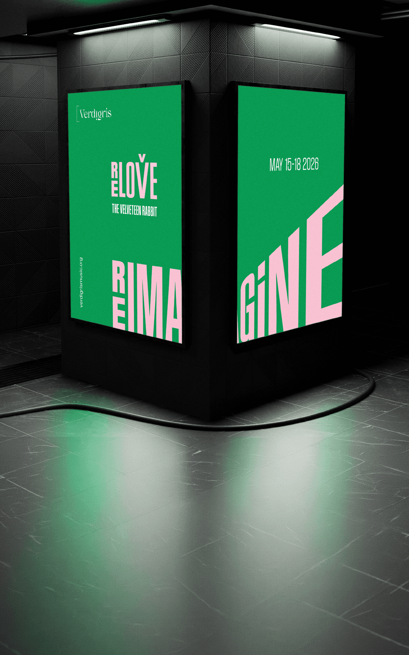 Verdigris Ensemble campaign identity applied across posters, programmes and performance promotion.