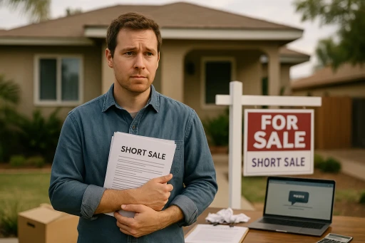 Homeowner in front of house with “Short Sale” sign, holding documents and seeking guidance.