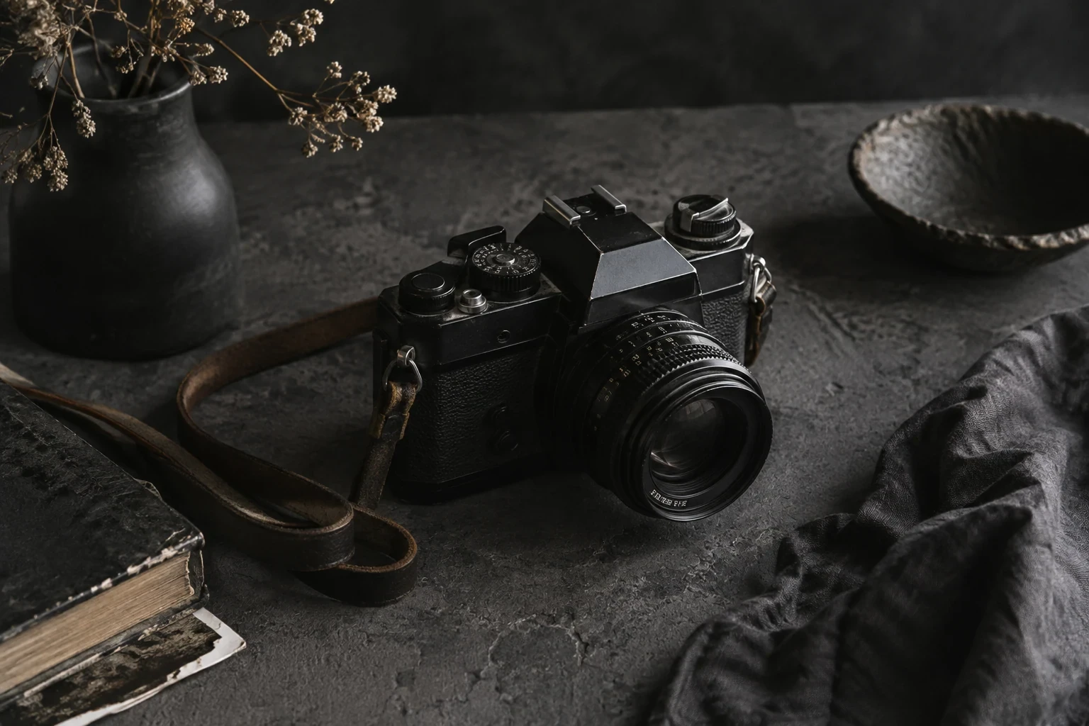 An unbranded black vintage manual camera on rough dark gray plaster, dramatic still life, no lettering or recognizable model