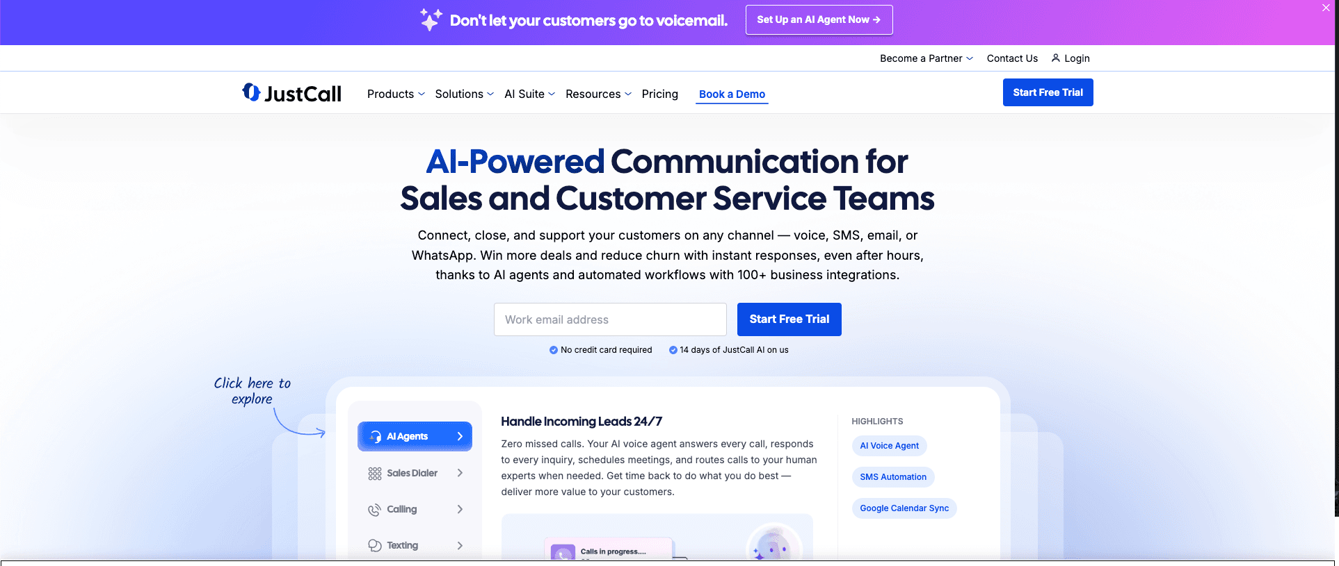 JustCall platform dashboard showcasing AI voice agents and multi-channel communication tools.