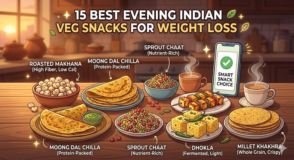 A list of 15 Indian vegetarian evening snacks for weight loss on a wooden table, featuring images of roasted makhana, moong dal chilla, and sprout chaat with text labels and a phone showing 'Smart Snack Choice'.