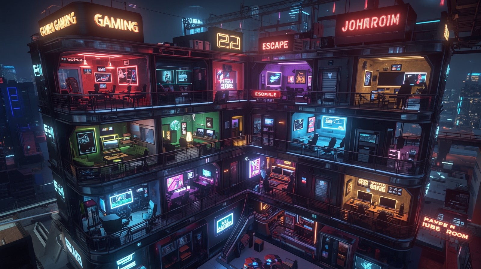 Futuristic five-floor gaming tower, each floor glowing with different neon colors
