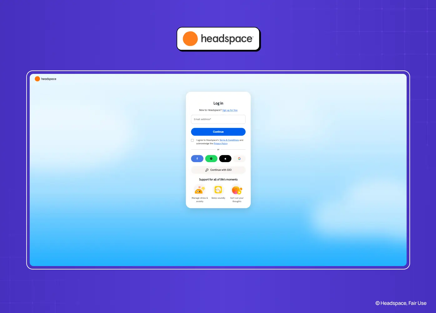 Headspace login page with email authentication, social sign-in options, and a calm, mobile-first interface.