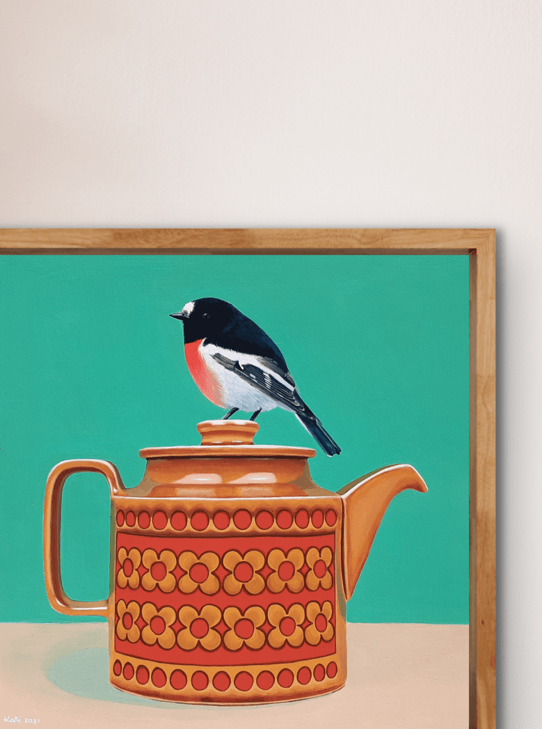 painting of a midcentury teapot with a robin perched on top by kati garrett filho