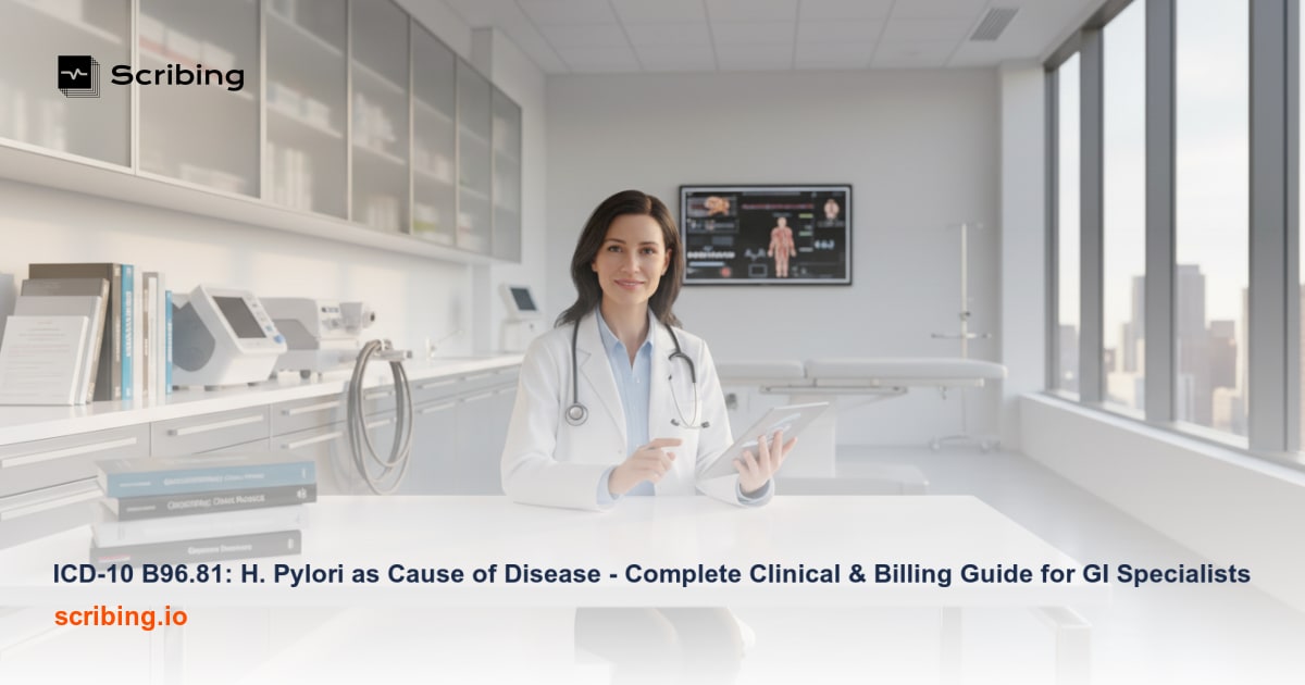 Medical professional reviewing ICD-10 B96.81 H. pylori coding documentation on a digital chart in a clinical setting