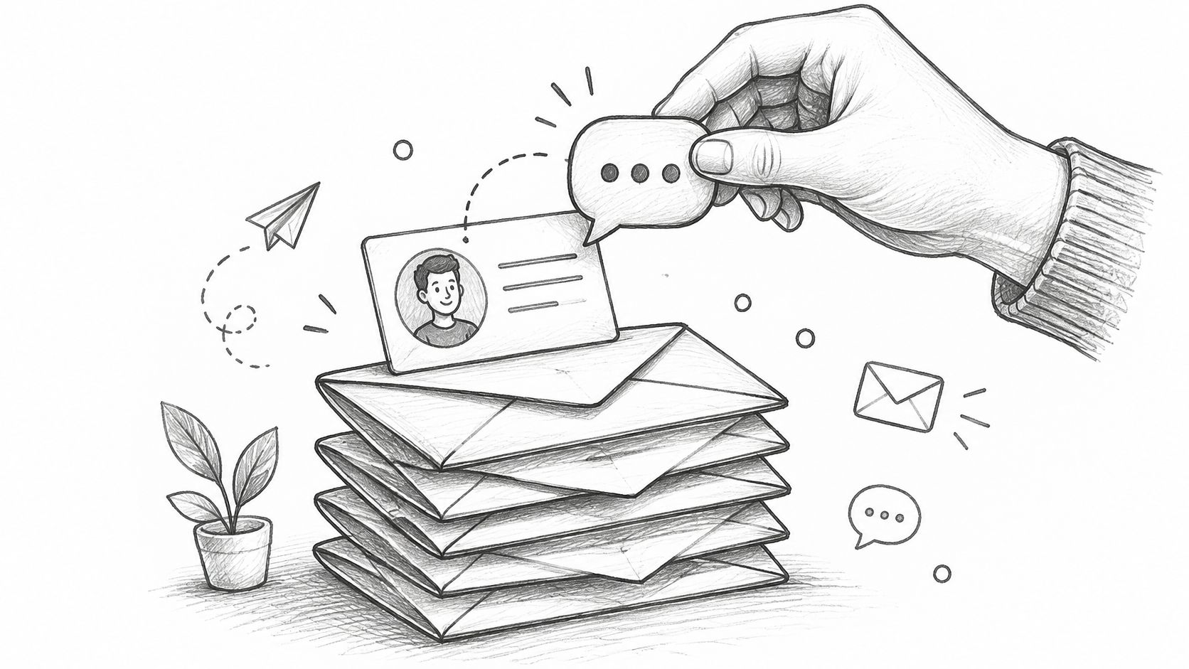 A pencil sketch of a hand interacting with a digital profile card on a stack of envelopes.