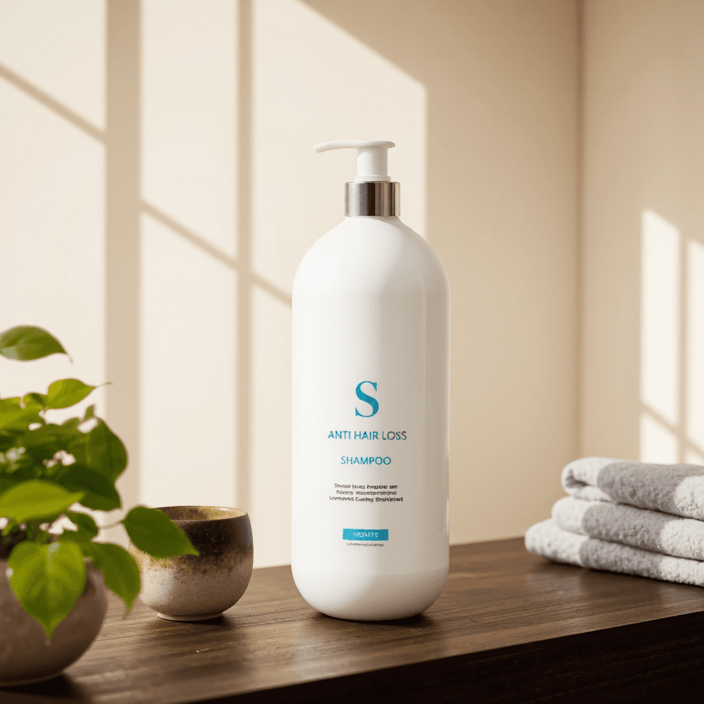 product photography of a bottle of anti-hair loss shampoo