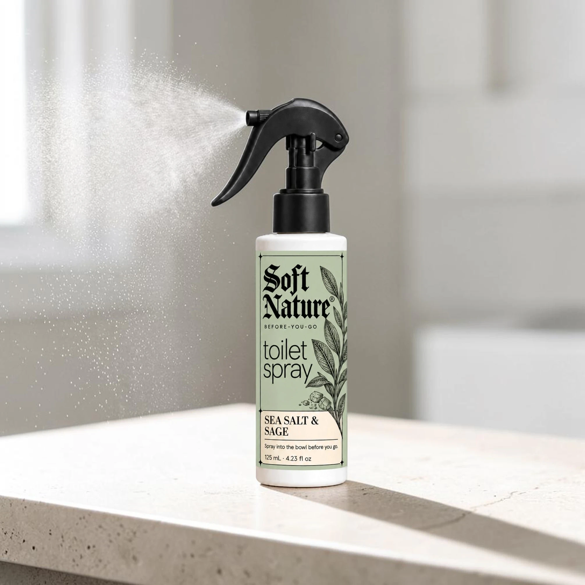 SOFT NATURE Sea Salt & Sage before-you-go toilet spray, 125 mL bottle with a black label and black trigger sprayer.