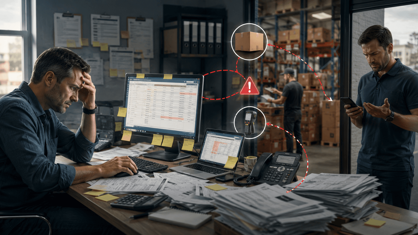 Cena realista em estilo 3D mostrando uma operação B2B desorganizada. Em primeiro plano, um gestor preocupado trabalha em uma mesa cheia de documentos, planilhas impressas, anotações e equipamentos de escritório. Na tela do computador aparecem dados de pedidos e estoque. Ao fundo, um armazém com caixas empilhadas e um funcionário conferindo produtos. Elementos visuais de alerta conectam o escritório ao estoque, sugerindo falhas de sincronização entre sistemas. À direita, um cliente ou revendedor observa o celular com expressão de frustração, representando problemas causados por informações desatualizadas, retrabalho operacional e perda de confiança comercial.