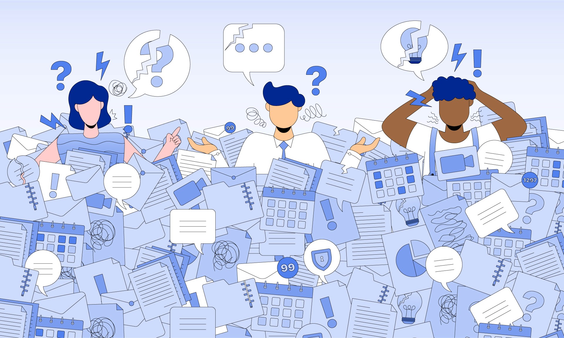 Overwhelmed employees buried in meetings, messages, calendars, and documents—highlighting broken collaboration and information overload.