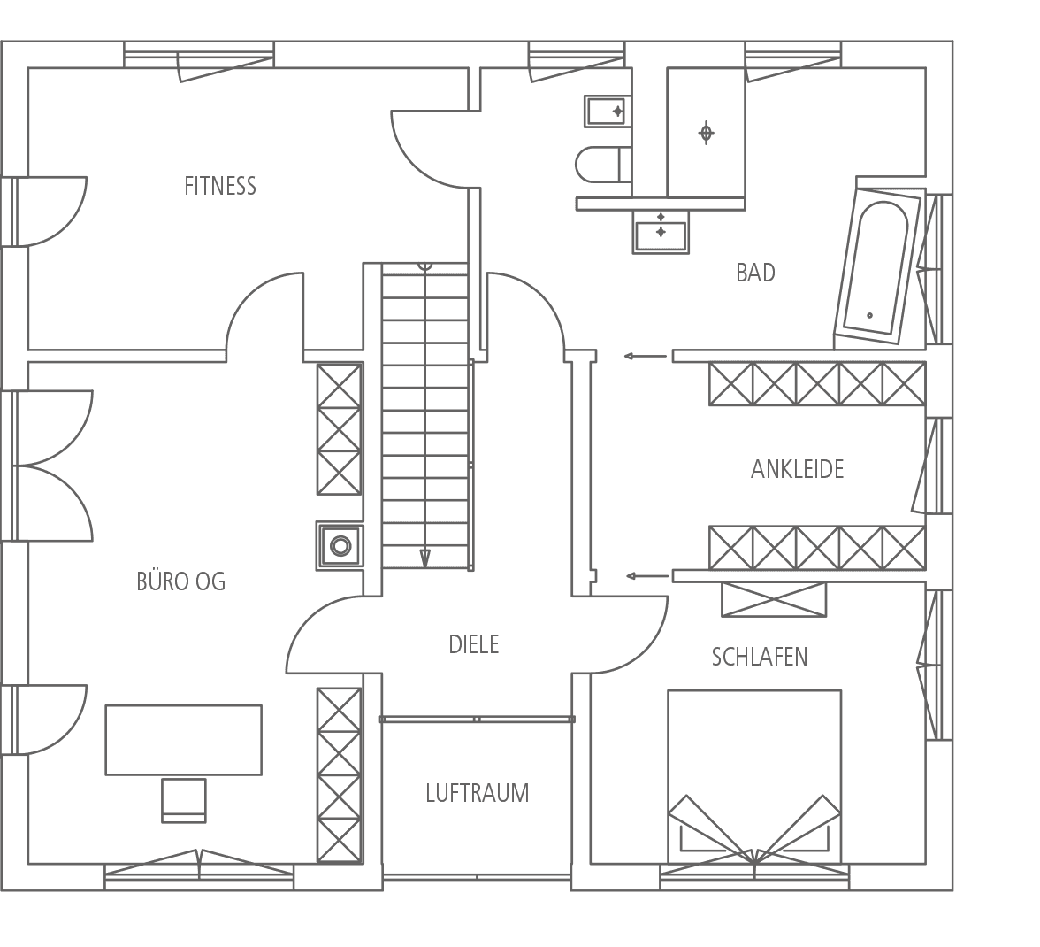 Grundriss eines Obergeschosses mit Räumen wie Fitness, Büro, Diele, Luftraum, Bad, Ankleide und Schlafen.