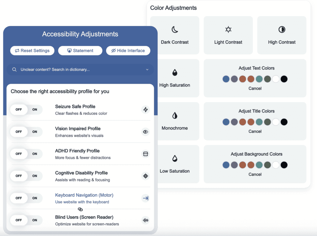 A screenshot of Jamworks' accessibility adjustments