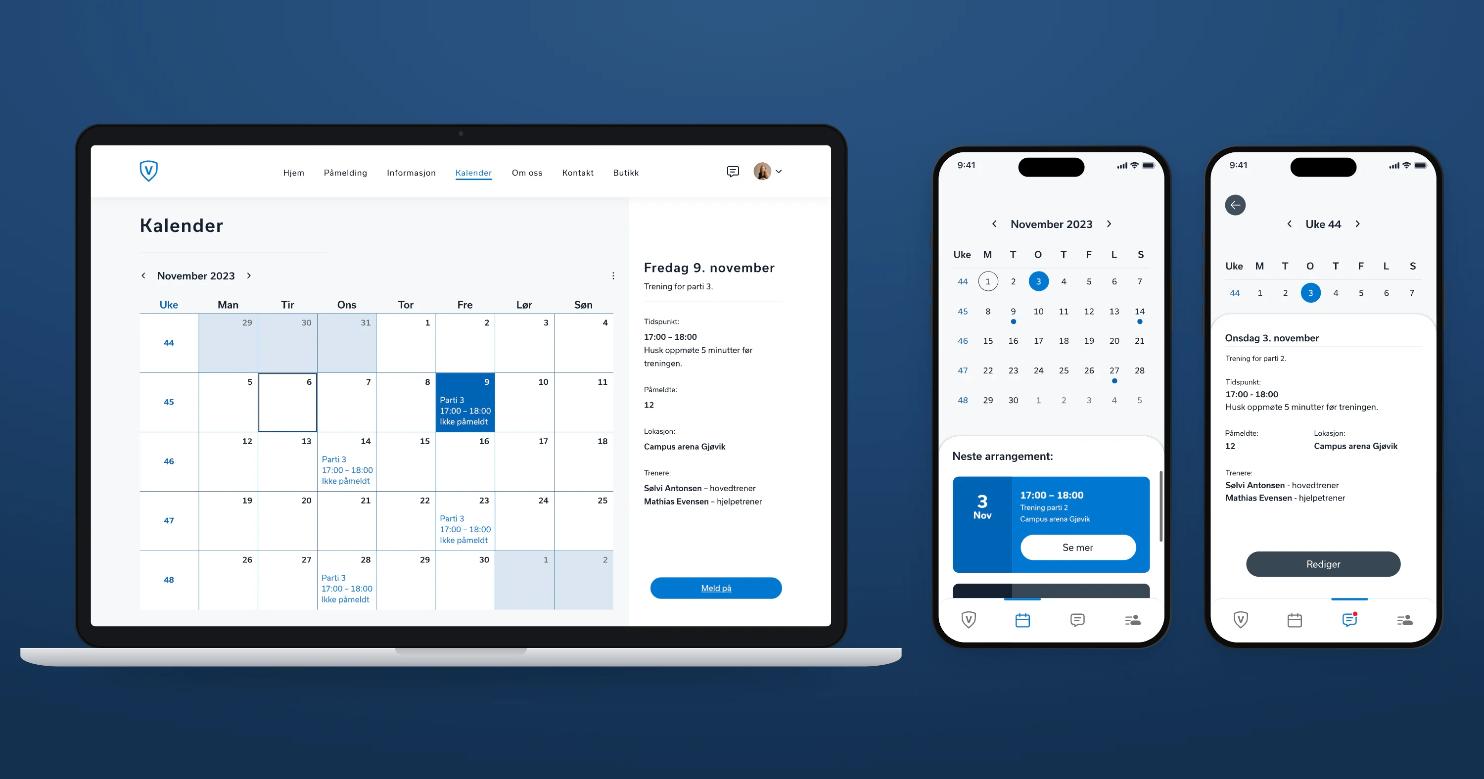 The Vardal Turnforening prototype: the parents' desktop calendar for November 2023 on a laptop, and two trainer phone screens, the week calendar with the next session and the session for 3 November with Mathias Evensen added as helper trainer.