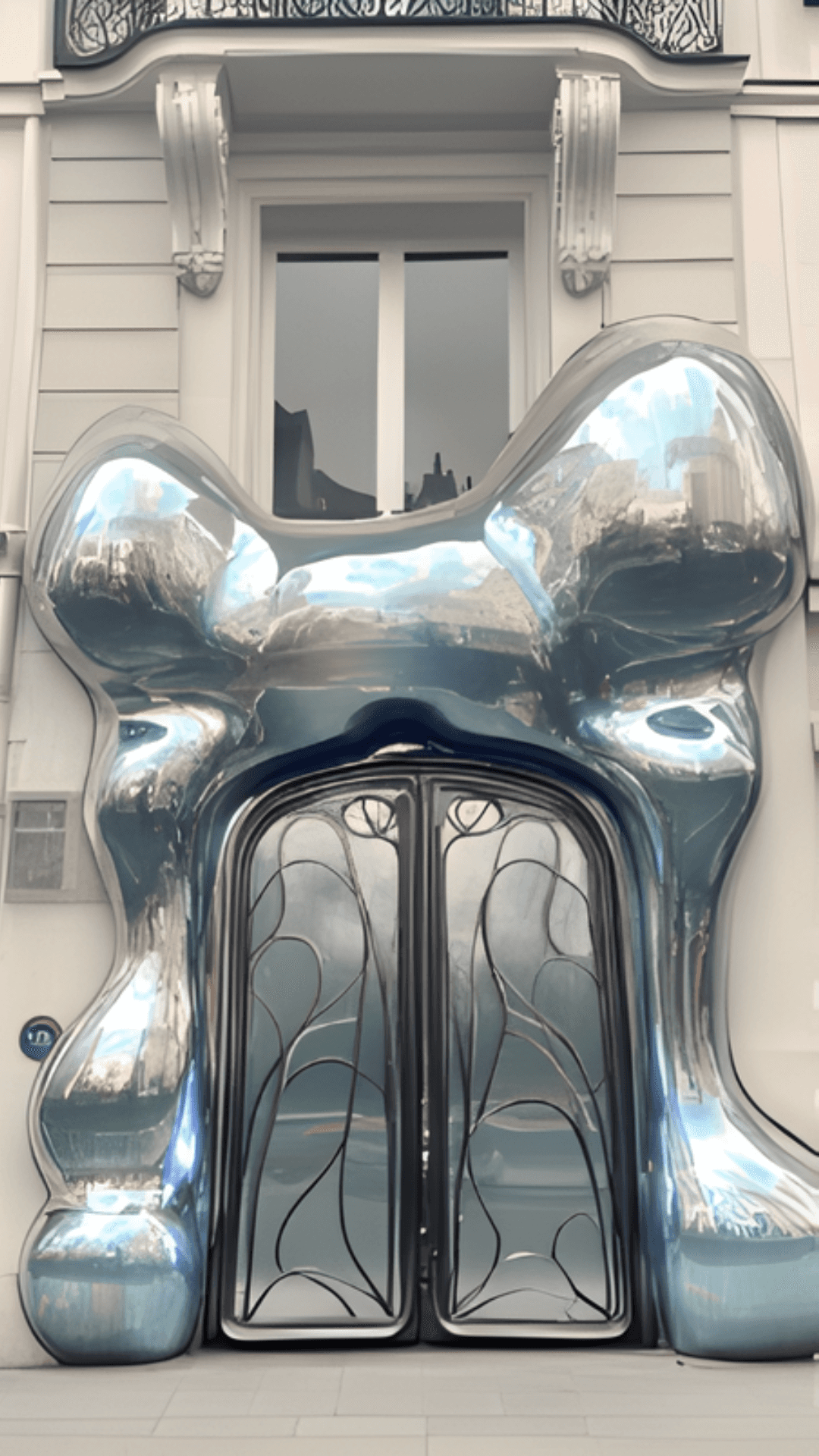 A photograph of an ornate, sculptural arched doorway with liquid-metallic textures surrounding the frame