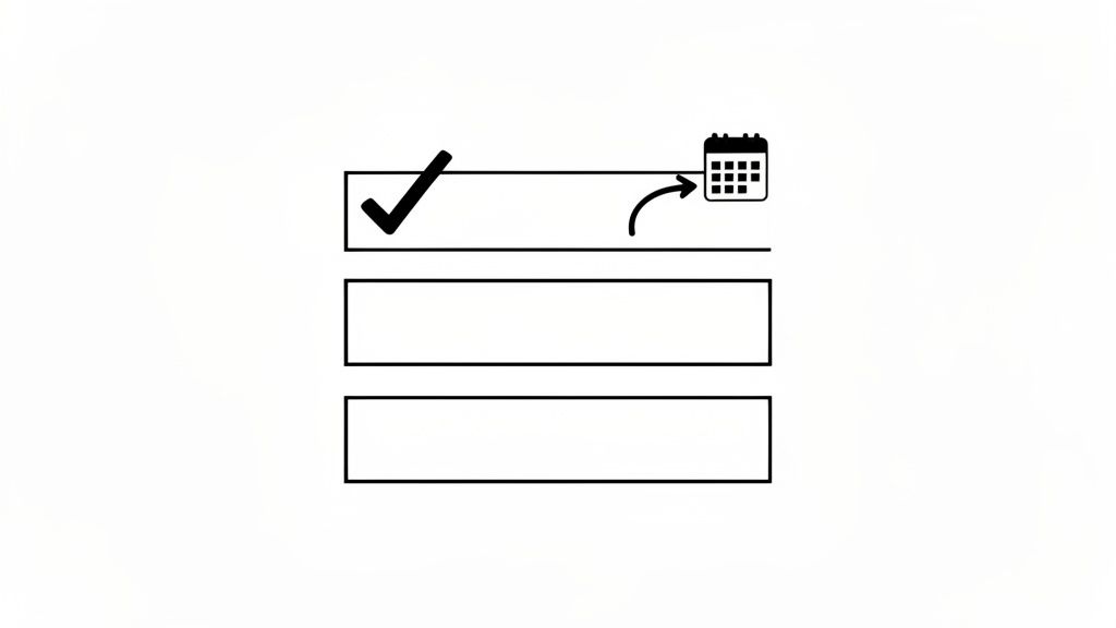 A checkmark next to a task with an arrow pointing to a calendar, symbolizing scheduling a follow-up.