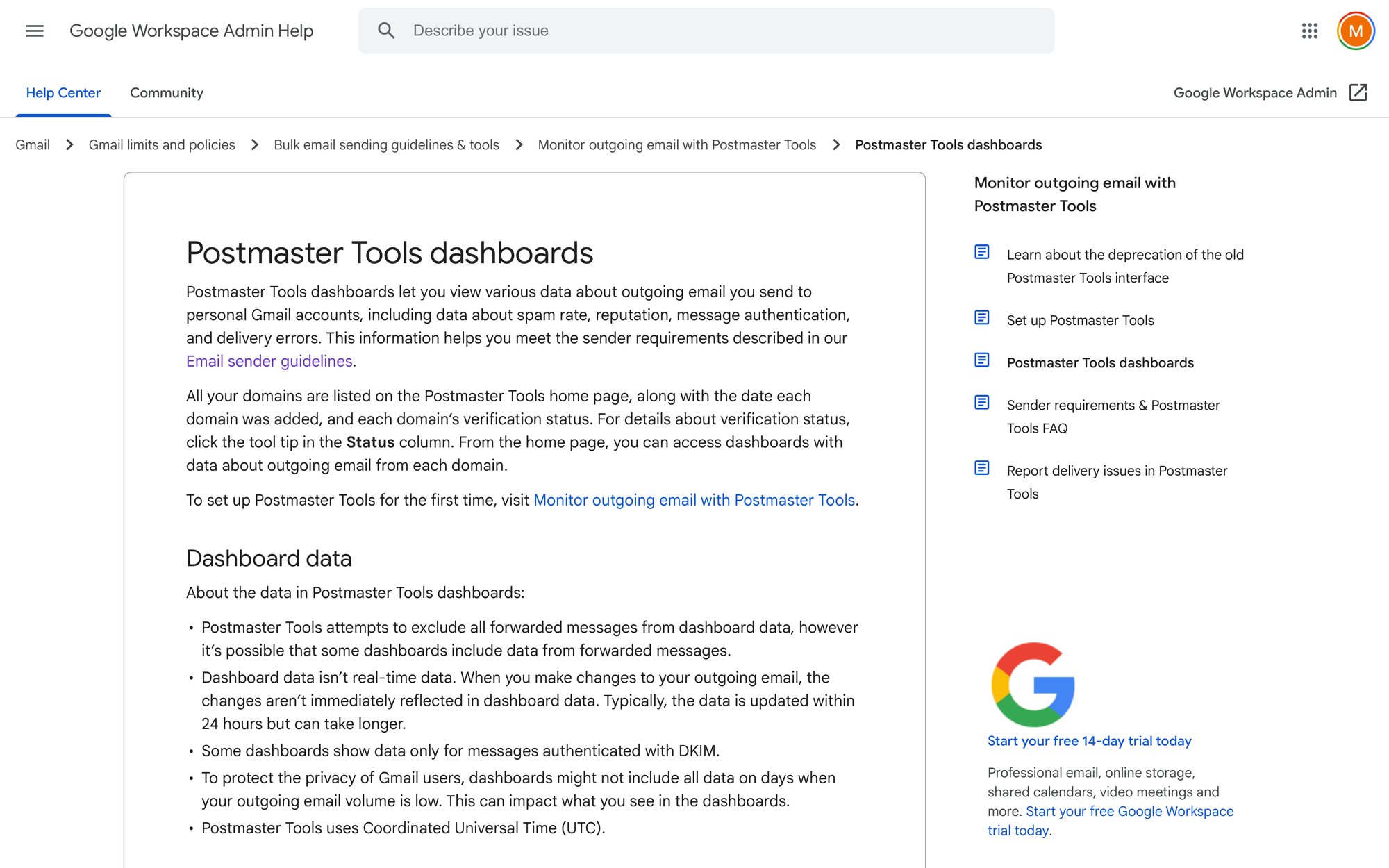 A Google Workspace Admin Help page explaining Postmaster Tools dashboards for monitoring outgoing email.
