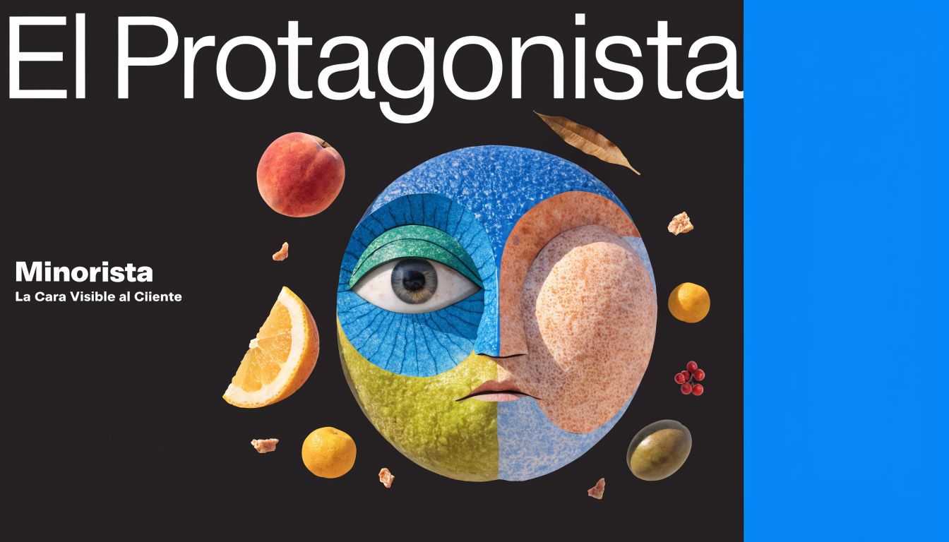 Una cara surrealista compuesta por texturas de frutas y vegetales, destacando un ojo realista sobre fondo oscuro.