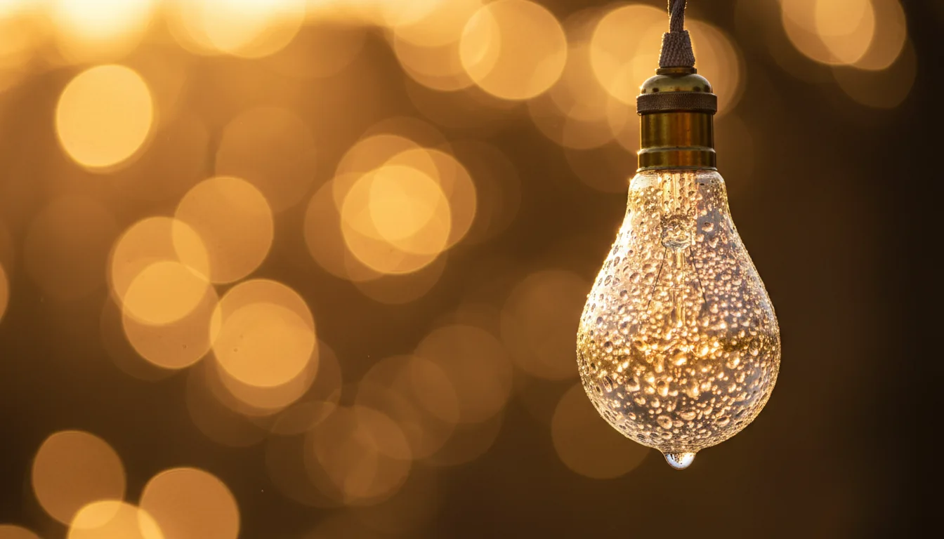 Macro DSLR photography of a vintage Edison-style teardrop lightbulb covered in shimmering water droplets, with a single drop of water clinging to the bottom tip. The bulb hangs on the right side of the frame against a dark, completely out-of-focus background filled with a warm, beautiful bokeh of large, circular golden and orange lights. Golden hour lighting, shallow depth of field, sharp focus on the water droplets on the glass.