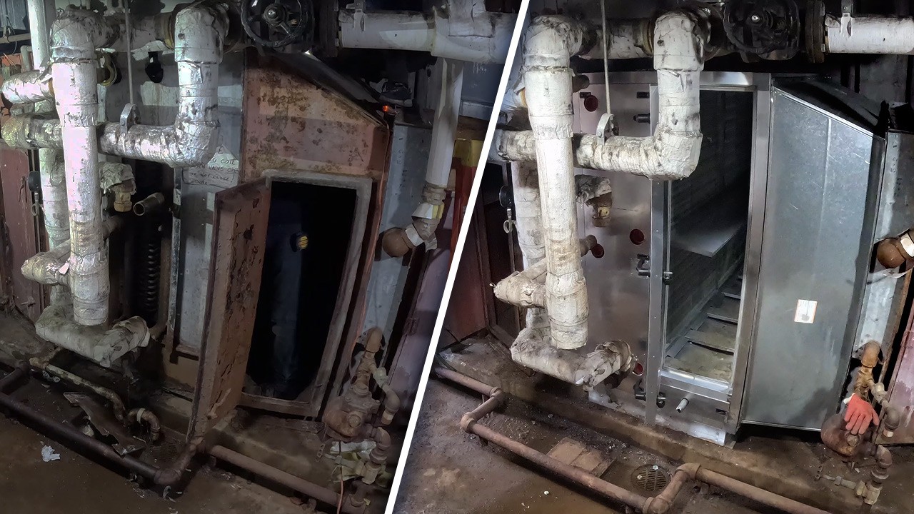Before and after comparison of an aging chilled-water coil section and a newly installed aluminum coil assembly inside a hospital air handling unit following HVAC retrofit by GRR Cooling Experts.
