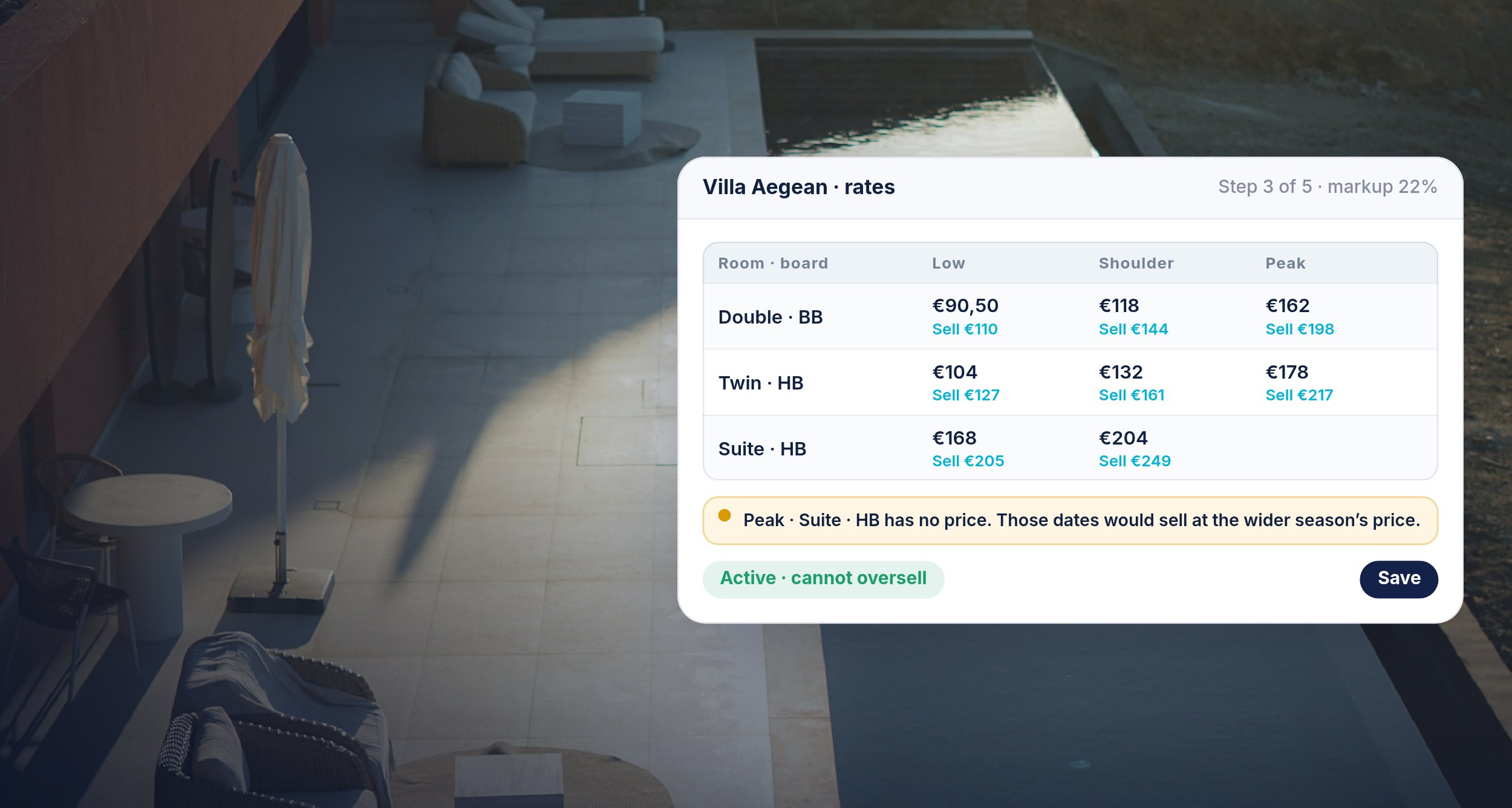 A rate grid over a villa pool