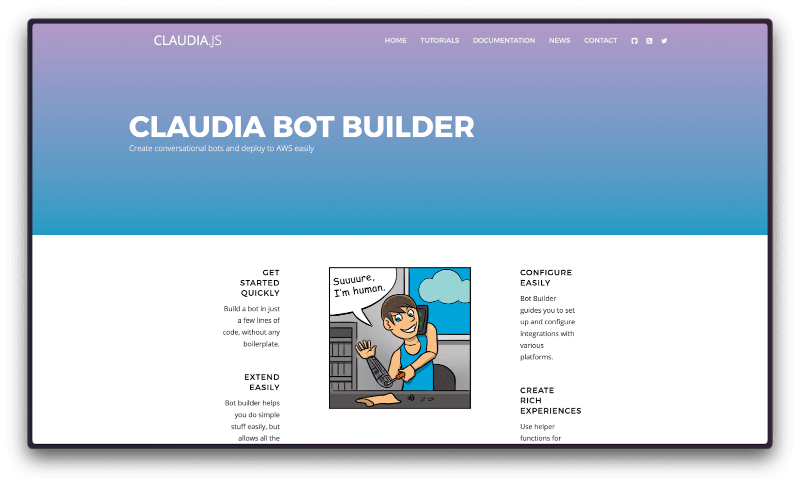 screenshot of Claudia's main page featuring a minimalist design with navigation options like 'Features,' 'Documentation,' and 'Get Started.'